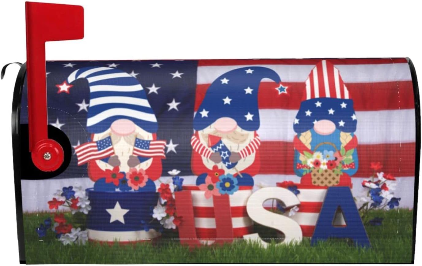Patriotic Gnomes American Flag Waterproof Mail Cover Magnetic Mailbox Wraps Post Letter Box Cover for Garden Home Decor 21x18 in