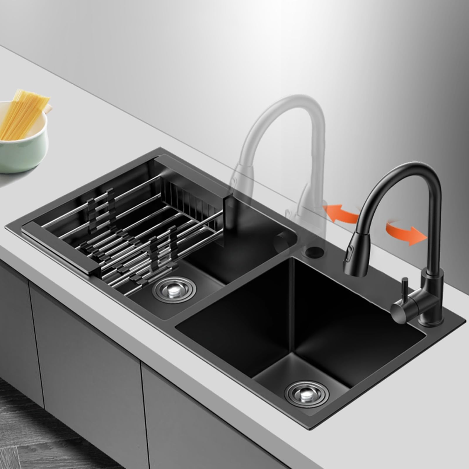 Fregadero De Cocina Doble Cubeta Acero Inoxidable Profesional, Kit Completo De Instalación Bajo Gran Capacidad Insonorizado para Restaurante Hogar Bar 60x45cm