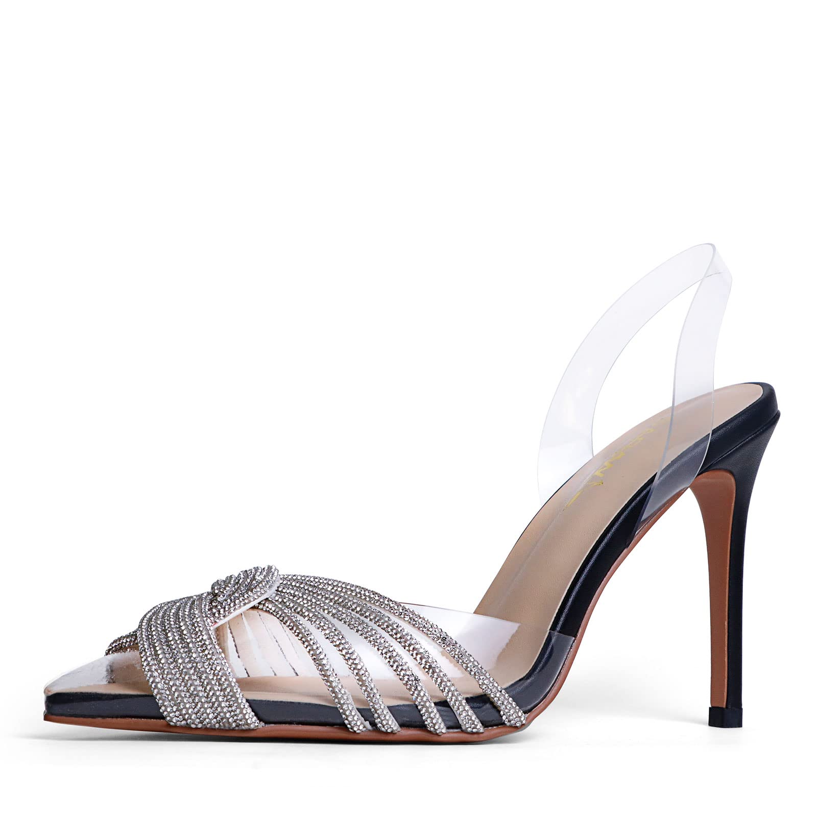 sarawill Women's Sexy Stiletto Pumps Pointed Toe Transparent PVC High Heels Crystal Rhinestones Slingback Party Wedding Shoes for Ladies Fashion