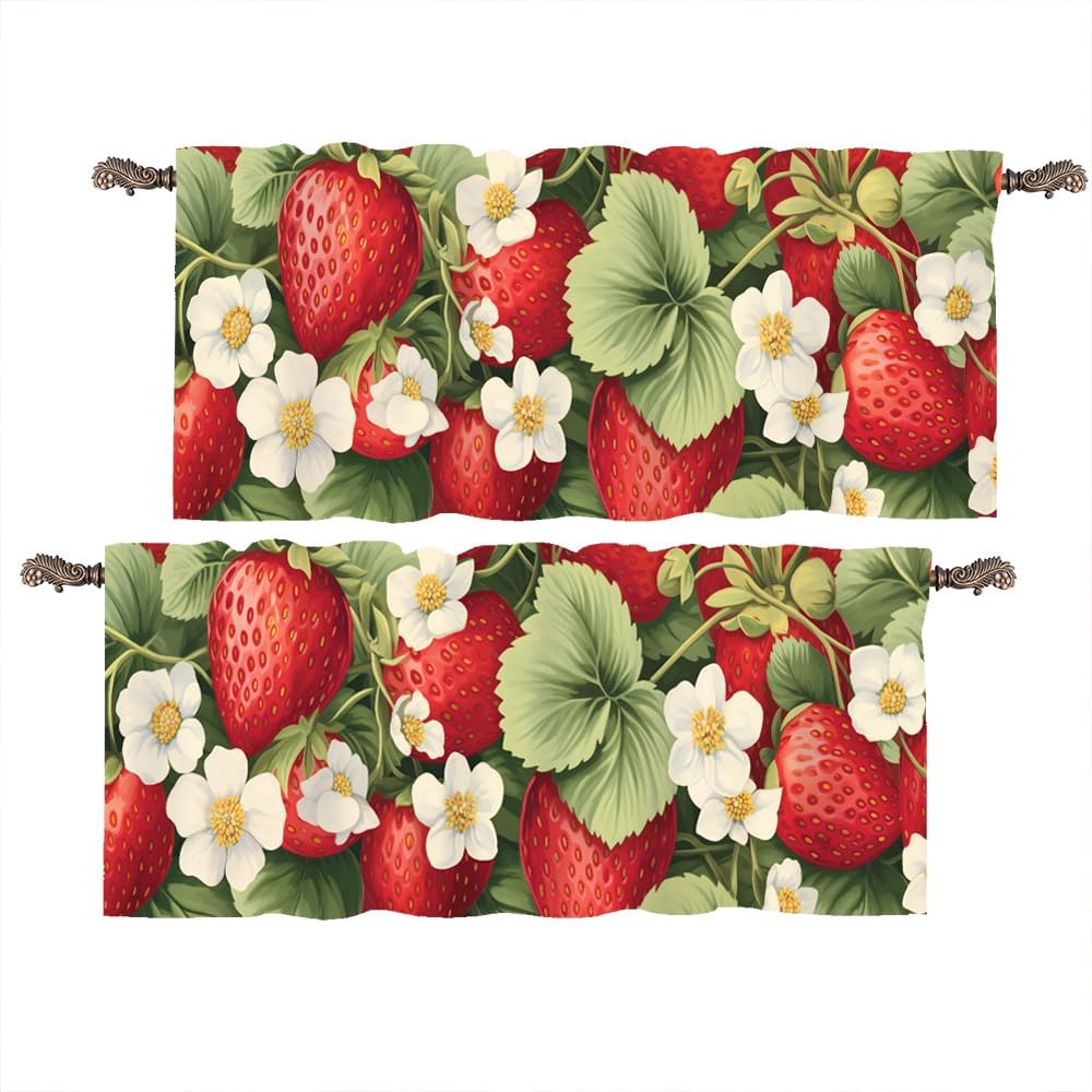 2 Panels Farmhouse Fruit Curtain Valance for Windows, Retro Rustic Strawberry Floral Rod Pocket Short Window Treatment Decor Drapes for Kitchen, Bathroom, 54" X 18"