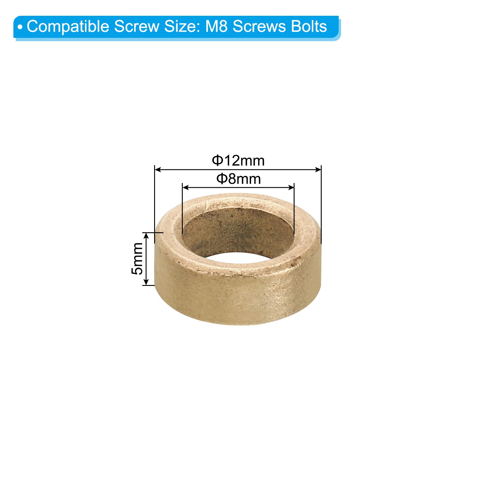 PATIKIL M8 Brass Spacers, 5 Pcs Metal Spacer Brass 8mm ID x 12mm OD x 5mm L Brass Spacers Screw Standoff for 5/16 Inch or M8 Screw - Image 2