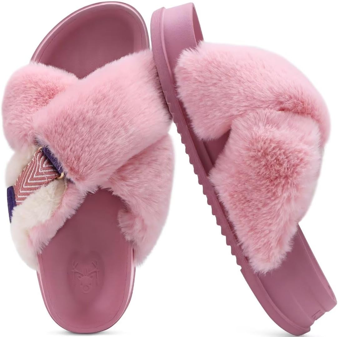 KuaiLu Women's Fuzzy Cross Band Platform Slippers Furry Faux Fur Comfortable Arch Support Open Toe Slides for Indoor Outdoor