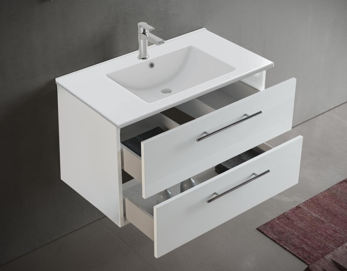 Mama Store IRIS 100 - Mobile Bagno Sospeso IN KIT DA MONTARE 100 CM BIANCO LUCIDO LACCATO con Lavabo, Specchio e Lampada LED, L.101 X P.47 X H.53 cm