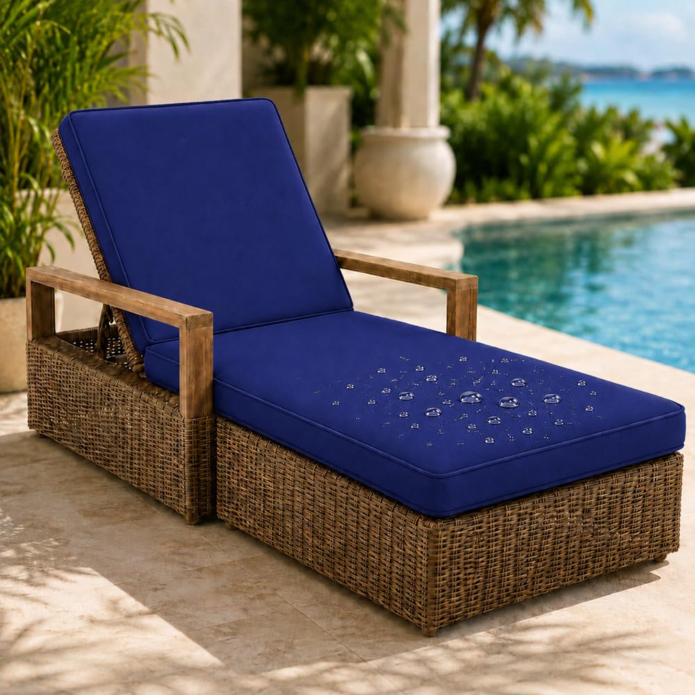 AZMAHT Sun Lounger Cushion Replacement Cushions Only, Waterproof 2 Section Lounger Cushion with Removable Cover, Anti-Slip Pad with 6 Straps for Garden Sunbed,Dark Blue,178x59x8cm