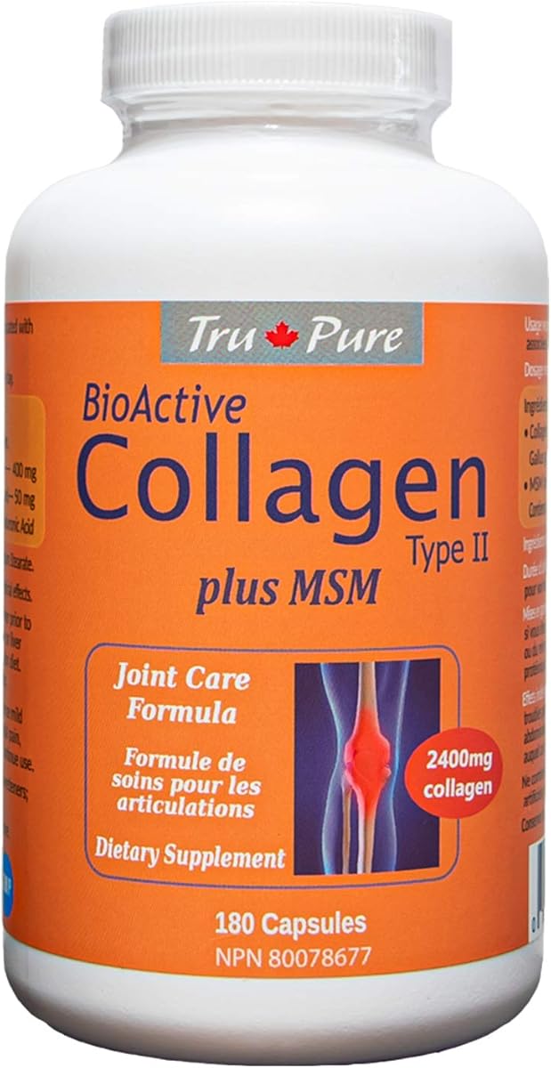 TruPure Bioactive Collagen Type II +MSM, Effective Joint Care Formula, 2,400 mg of Collagen Type II per daily serving, 180 Capsules, 30 days supply. Helps to reduce joint pain due to Osteoarthritis, and promote the healing of joint cartilage injuries.