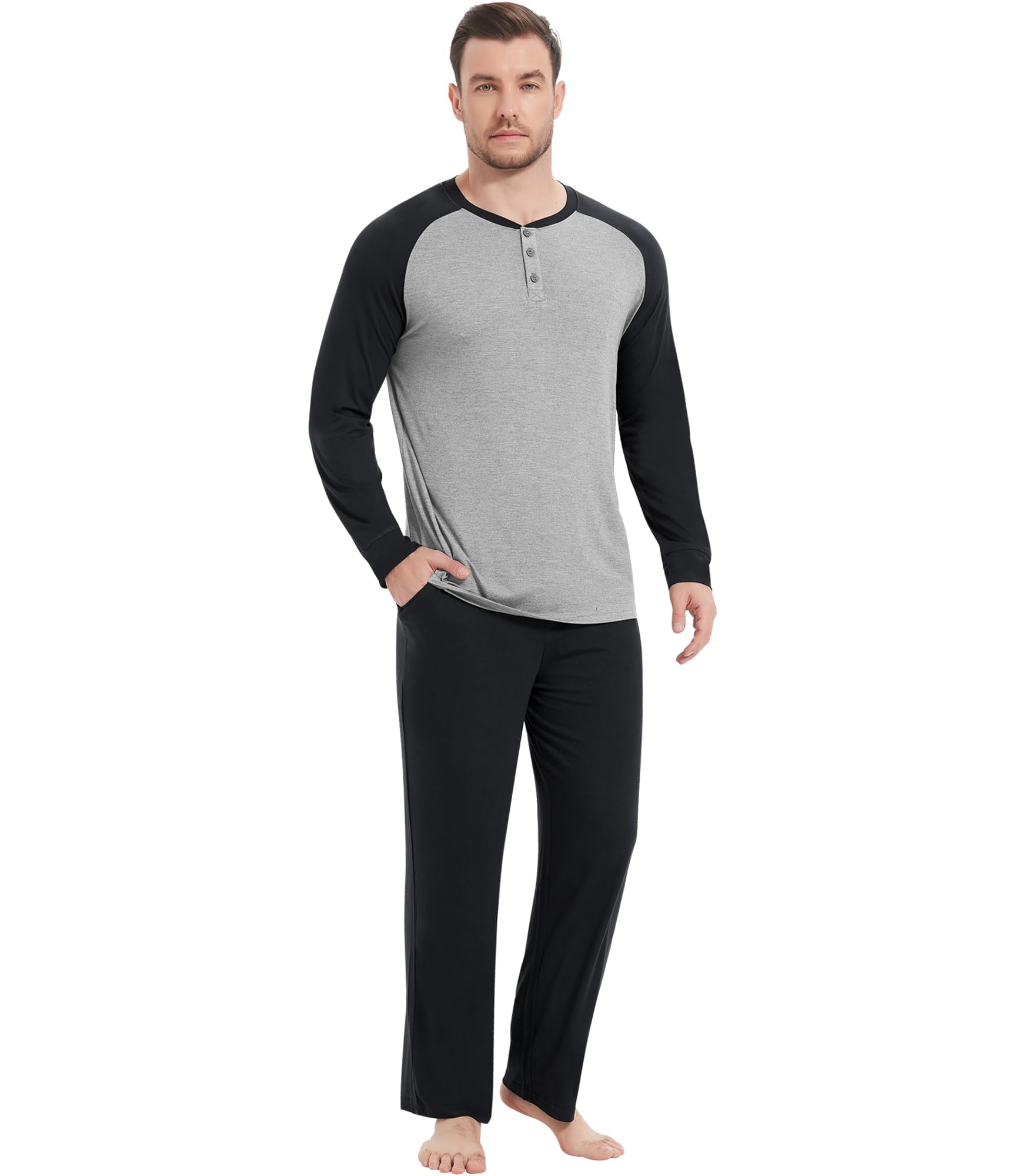 NACHILA Mens Pajamas Set Viscose Made from Bamboo Henley Top Sleep Pants