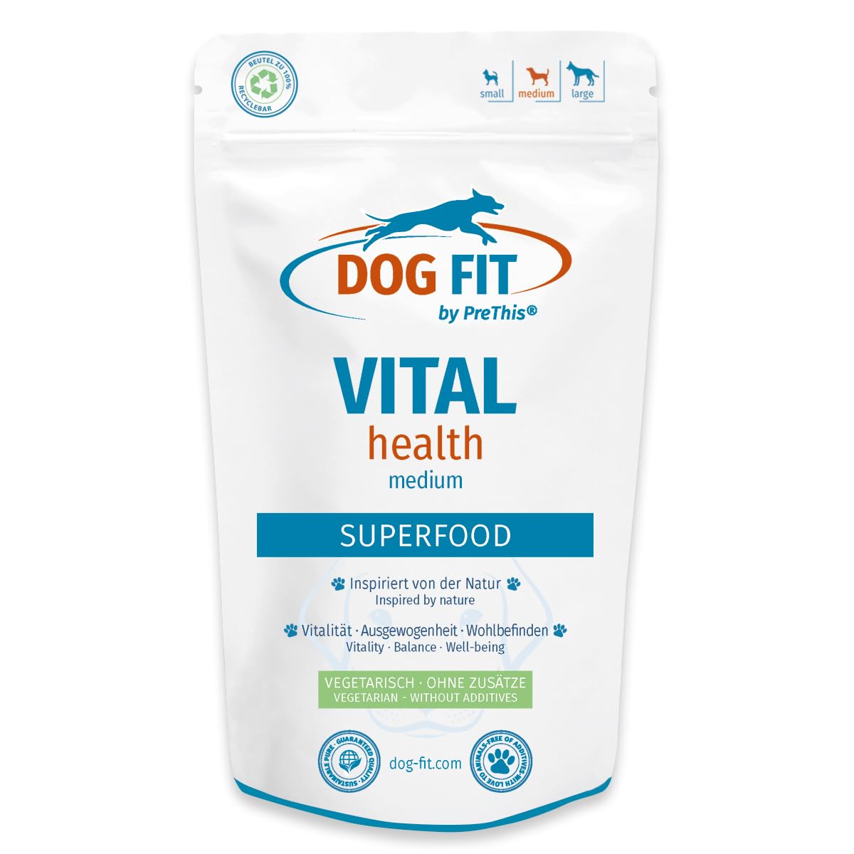 DOG FIT by PreThis® VITAL Health für Hunde - Natürliche Superfoods für Vitalität I Mit den Vitalpilzen Reishi, Shiitake & Cordyceps I Kurkuma, Ginseng & Vitamin D3 I Größe M (10–25 kg)