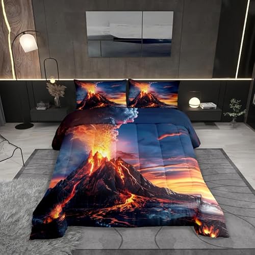 Manfei Volcano King Size Comforter,Natural Disaster Volcano Eruption Flame Ultra