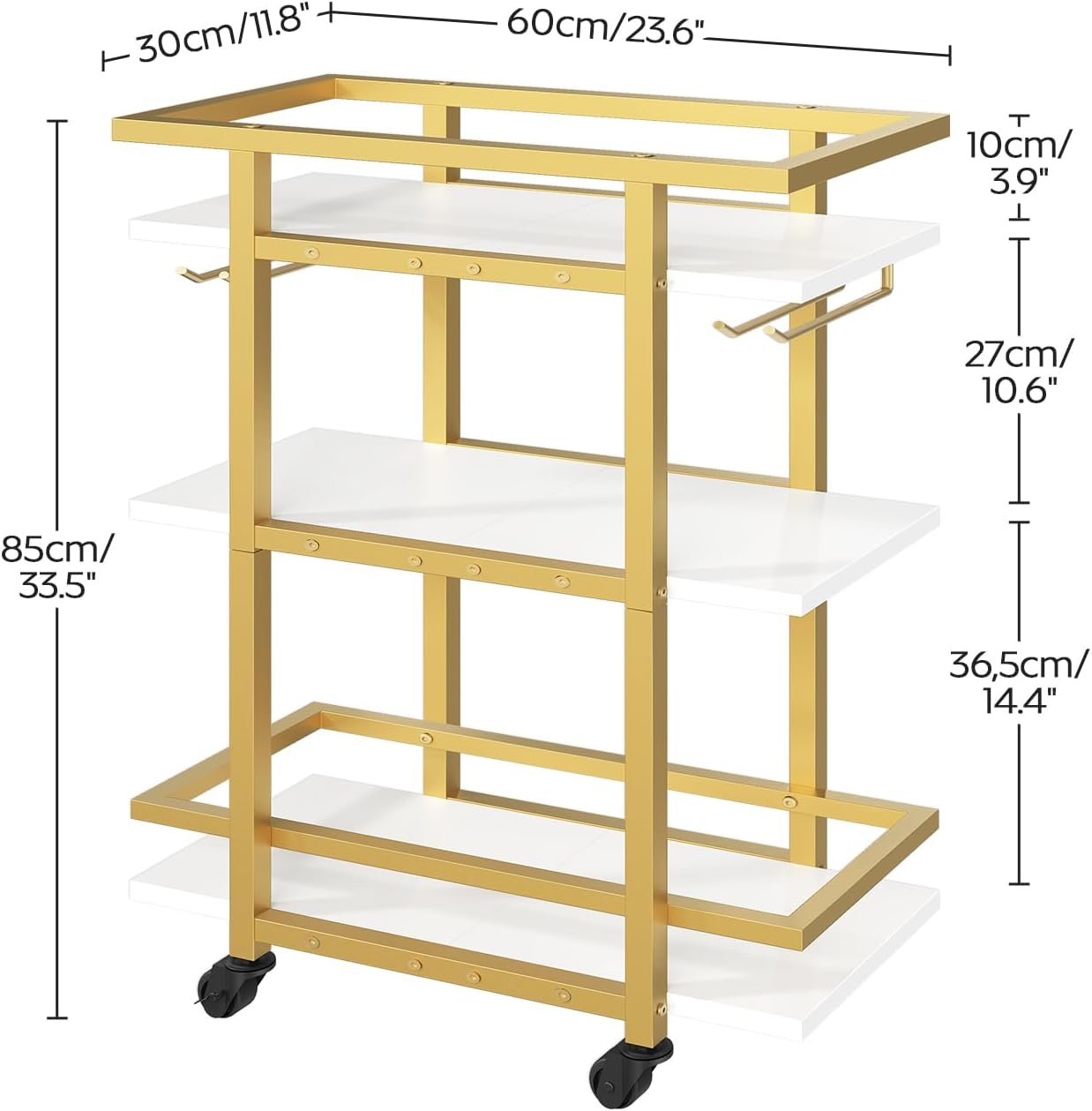 3 Tier Bar Cart, Home Bar Serving Cart with Glass Holders, Rolling Beverage Cart, Mobile Kitchen Shelf, for Home, Garden, Party, Gold BC19DW