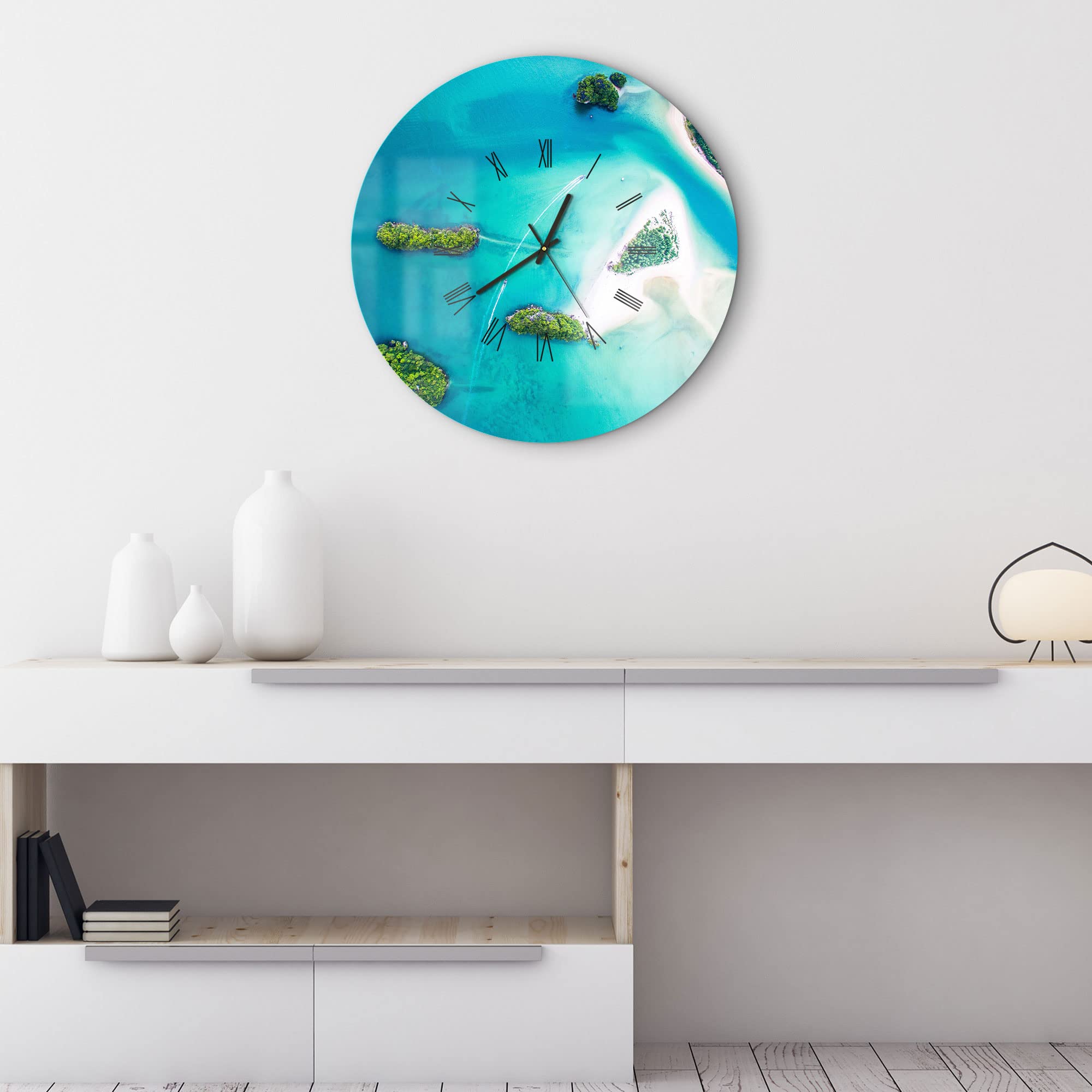 DEQORI Szklany zegar | okrągły Ø 50 cm | motyw Sirithan Beach in Krabi | duży zegar XXL ze szkła | cichy zegar ścienny do salonu i kuchni | nowoczesny zegar na ścianę