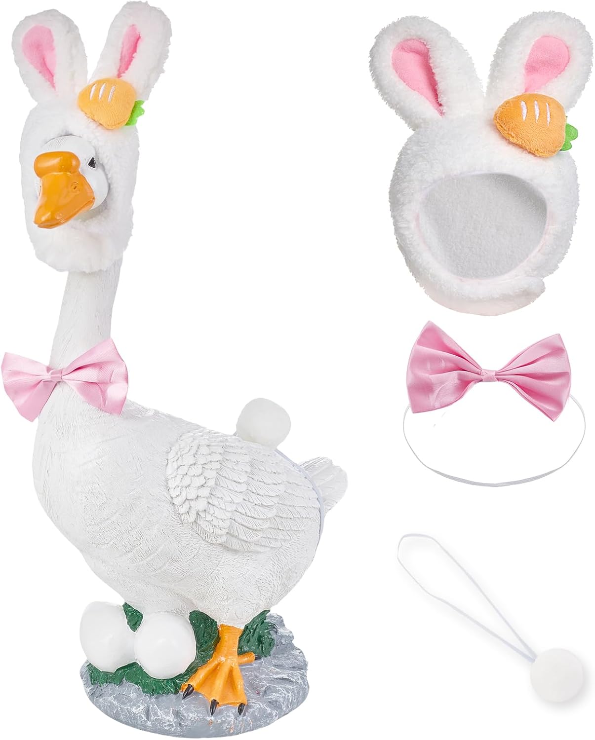 Heliltd Easter Bunny Porch Goose Clothes for 23 & 17 Inch, Bunny Ears Hat with Carrot, Pink Bow Tie and Tail, Spring Porch Goose Outfit for Outdoor Yard Farmhouse Holiday Easter Decoration