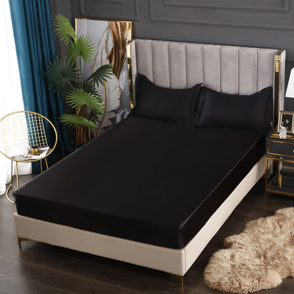 Drap-housse en satin noir 180x200x25 cm avec bandes élastiques