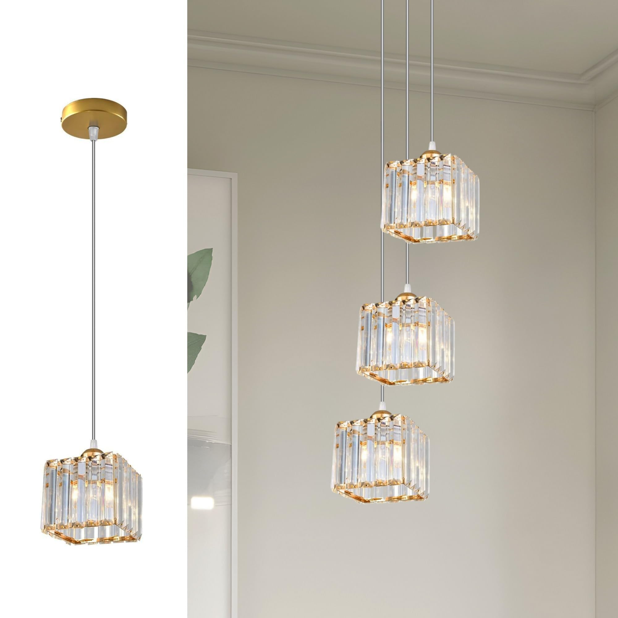 LEDSone Modern Crystal Chandeliers Pendant Light 13X14 cm Glass Shade Ceiling Lamp with 95 cm Adjustable Cable Lighting Fixture Ideal for Dinning Room Bedroom Hallway Bar (Gold(Without Bulb))