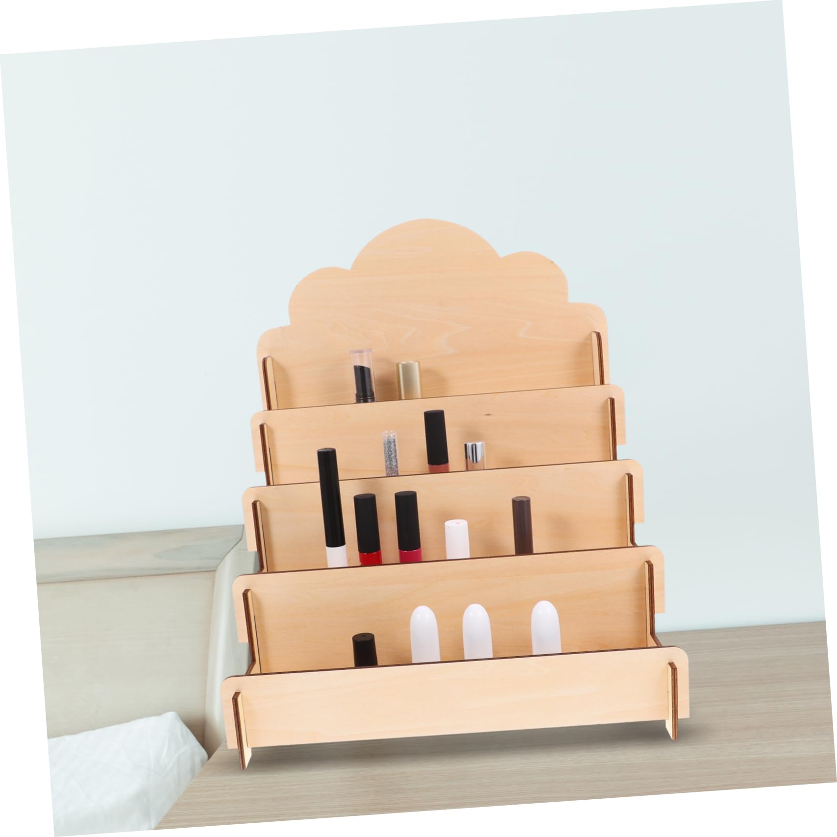 Expositor de Tarjetas de Madera Beige Niveles para Mostrador | Organización en Sobremesa, Estructura Escalonada, Diseño Simple Moderno