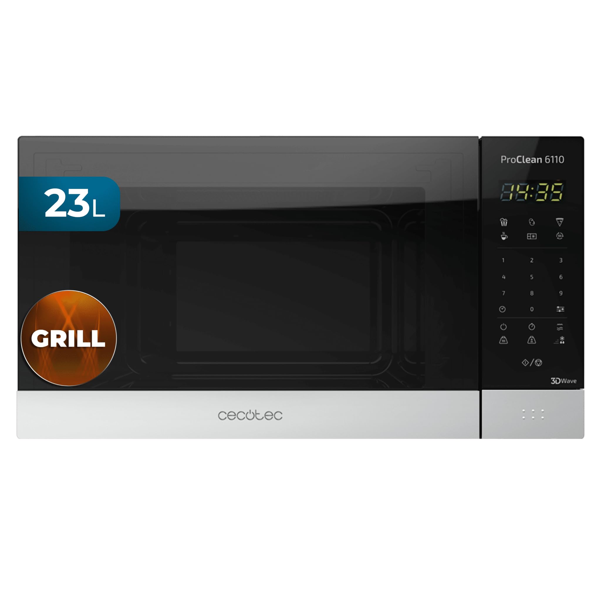 Cecotec Mikrowelle ProClean 6110, 800 W, Grill 1000 W, 23L | Ready 2 Clean Beschichtung 3D Wave Frontspiegel 8 Programme, 100 Min Timer, LED, Edelstahl in Schwarz Silber