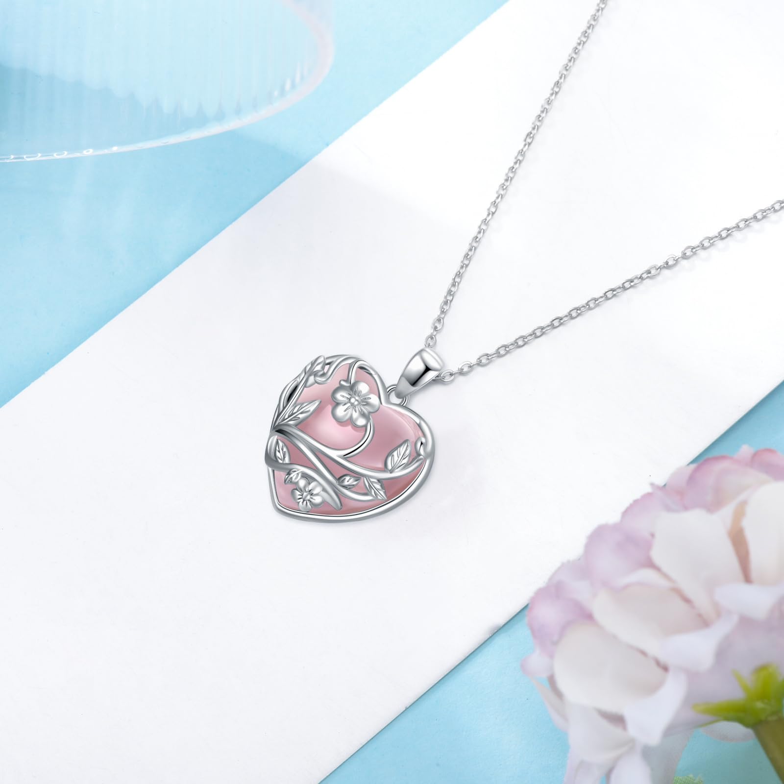 YFN Kristall Kette Sterling Silber Herz Halskette Blume Kristall Stein Anhänger Rosenquarz Schmuck Geschenke für Frauen Geburtstag Geschenke für Mama