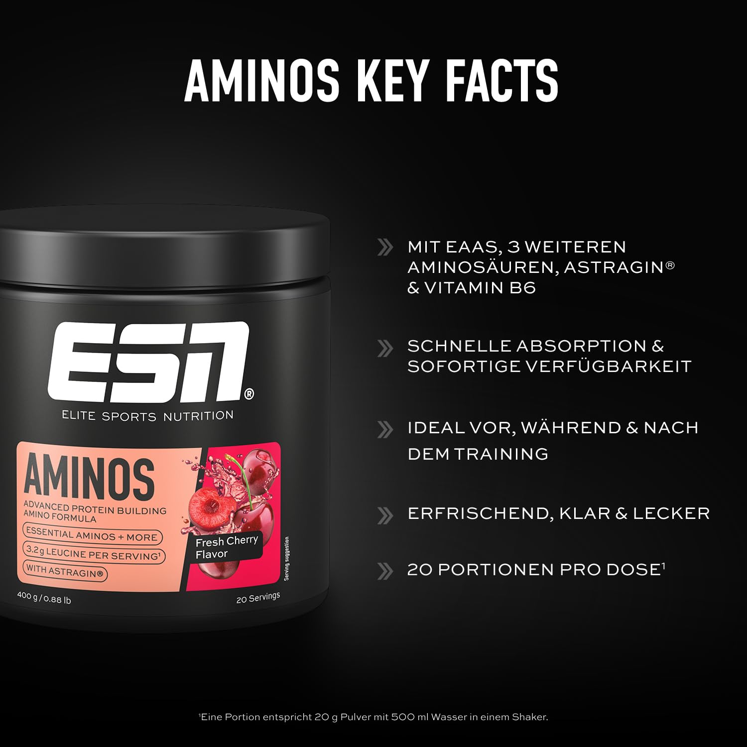 ESN AMINOS, Fresh Cherry, 400 g, feines Amino-Pulver mit essentiellen Aminosäuren & Astragin, 3,2 g Leucin pro Portion, ideale Löslichkeit, vegan - made in Germany
