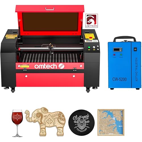 OMTech 60W CO2 Laser Engraver with LightBurn and Water Chiller, 28x20 Inch Laser Engraving Cutting Machine with Autolift 4 Way Pass Air Assist, Commercial Laser Engraver Cutter for Wood Glass More