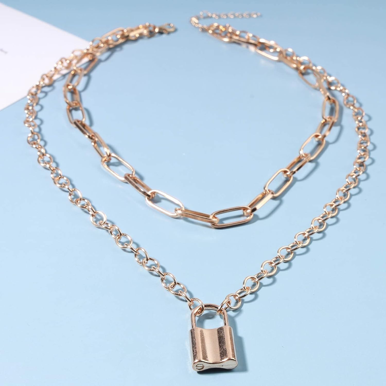 Punk Layered Lock Choker Necklace Gold Padlock Pendant Necklace Chunky Paper Clip Chain Necklace Vintage Statement Necklace Chain Jewelry for Women - Image 3