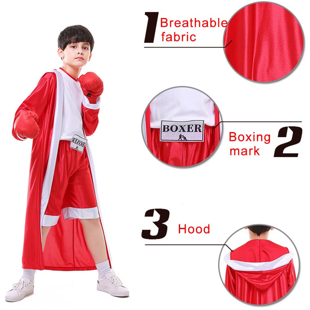 ZNLFS Children Boxing Costume Halloween Fancy Dress Role Playing Uniform Carnival Boxer Sport Jumpsuit and Robe for Kids (Red - Image 2