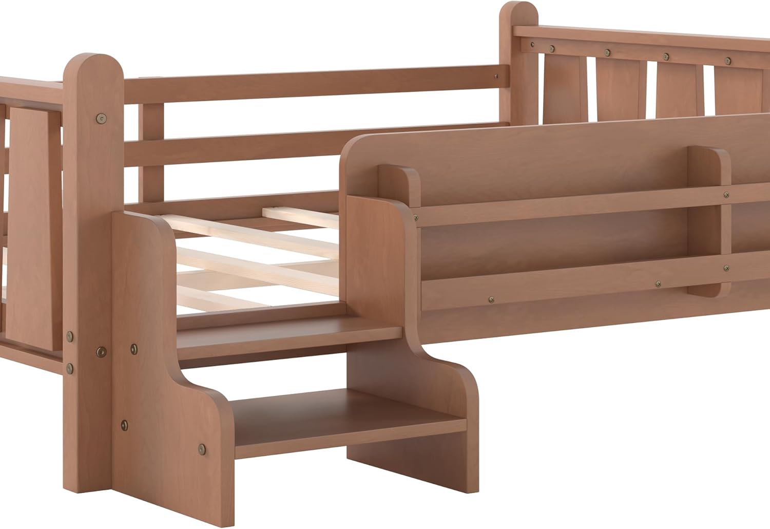 LUMISOL Full Size Platform Bed Frame for Kids, Solid Wood Bed Frame with Bookshelves and Stairs, No Box Spring Needed, Natural