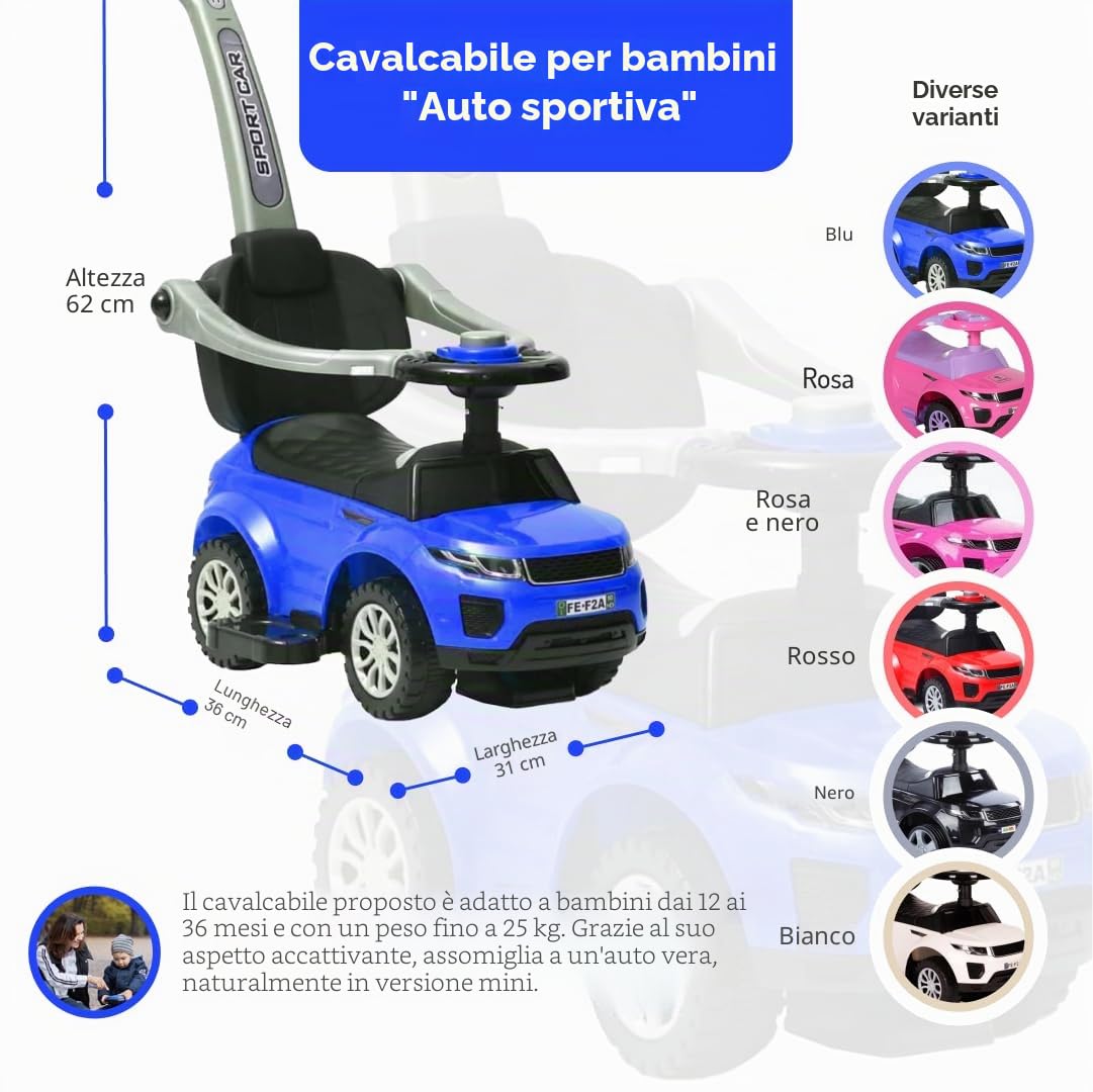 COIL Automobile antiscivolo a partire da 1 anno con barra scorrevole 614 W – Auto per bambini – Design 3 in 1 – Accessori Bobby Car – Veicolo antiscivolo – Bobby Car con barra