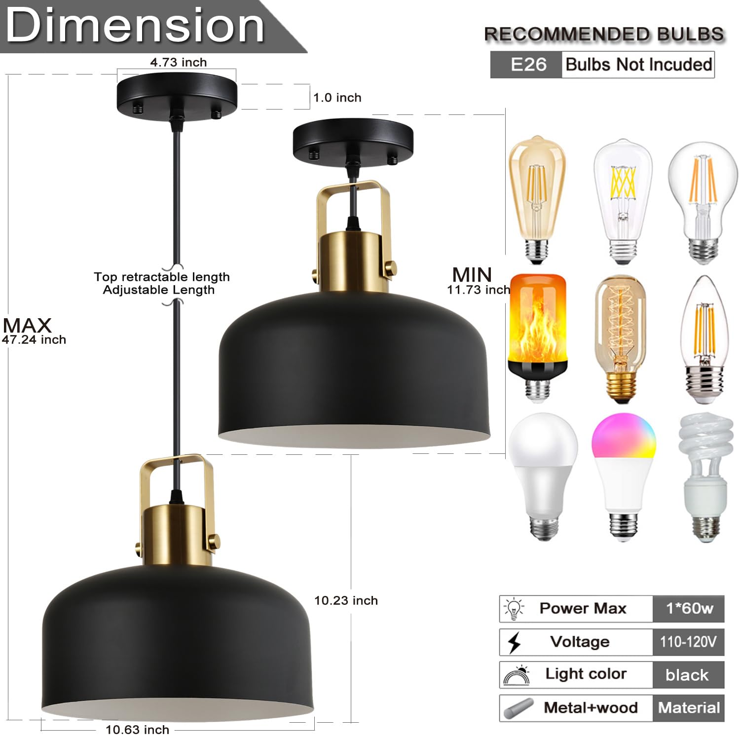 Laihezz 1 Light Modern Pendant Light, Black Stylish Hanging Light Fixture, Metal Finish Large Shade Industrial Light Fixture for Flat and Sloped Ceilings for Kitchen Island, Living Room, Bedroom
