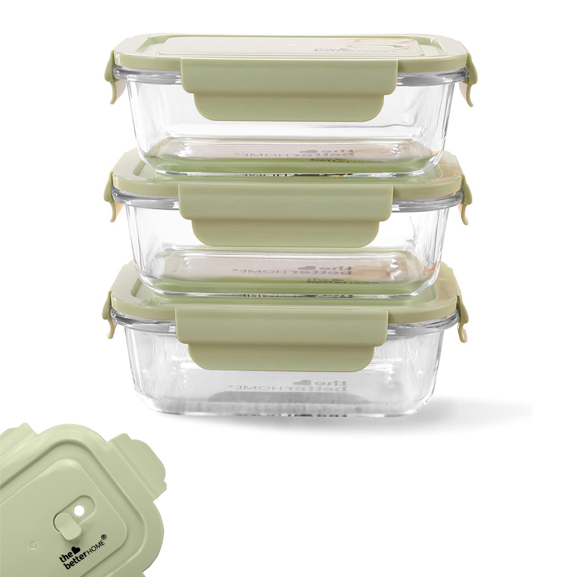The Better Home Borosilicate Glass Lunch Box Set of 3 | 680ml Each | Tiffin Box for Office for Men Women | Lunch Box Glass Containers | Microwave Safe Leak Proof Airtight Lunch Box (Green) (B0BH54DP5V) Amazon Price History, Amazon Price Tracker