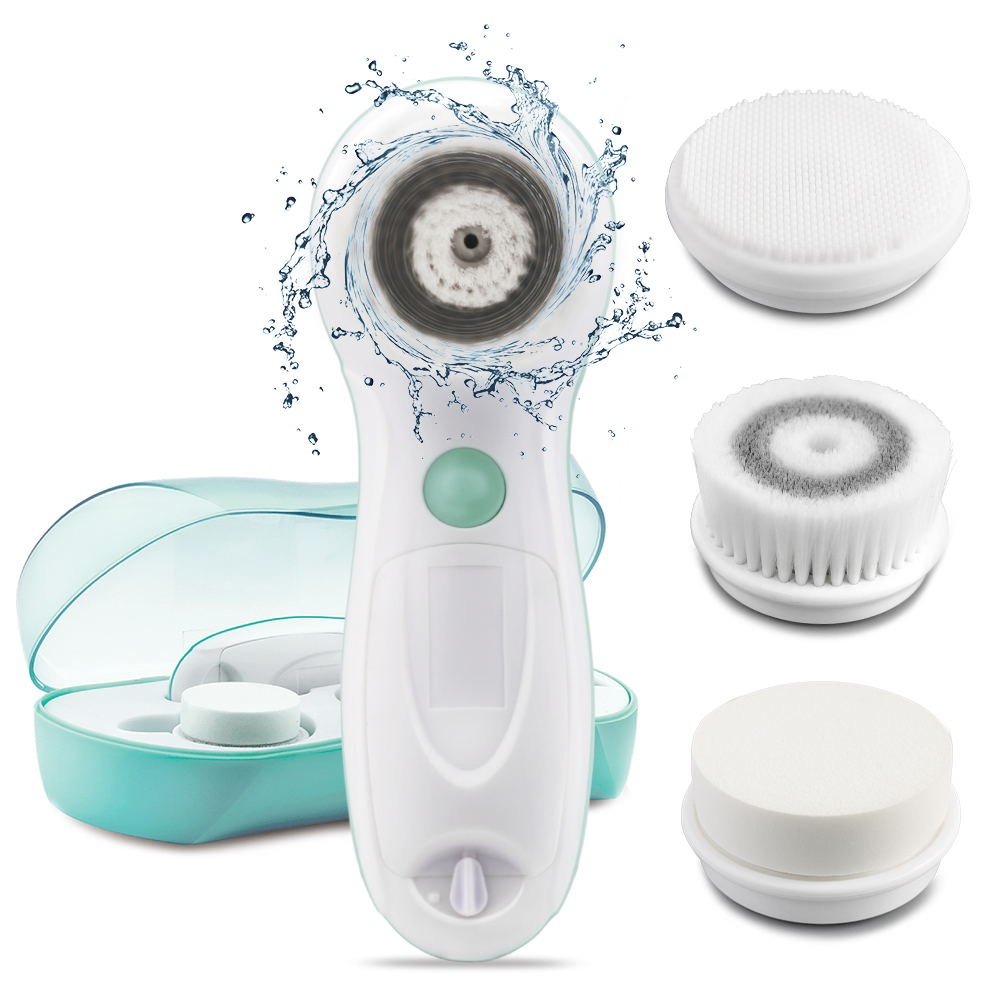 TOUCHBeauty Elektryczna szczotka do czyszczenia twarzy, zestaw do czyszczenia twarzy, wodoszczelna, z 3 nasadkami na szczoteczki do twarzy, nylon i silikon, w etui podróżnym, 2 stopnie prędkości, delikatne złuszczanie AG-0759A (zielona)