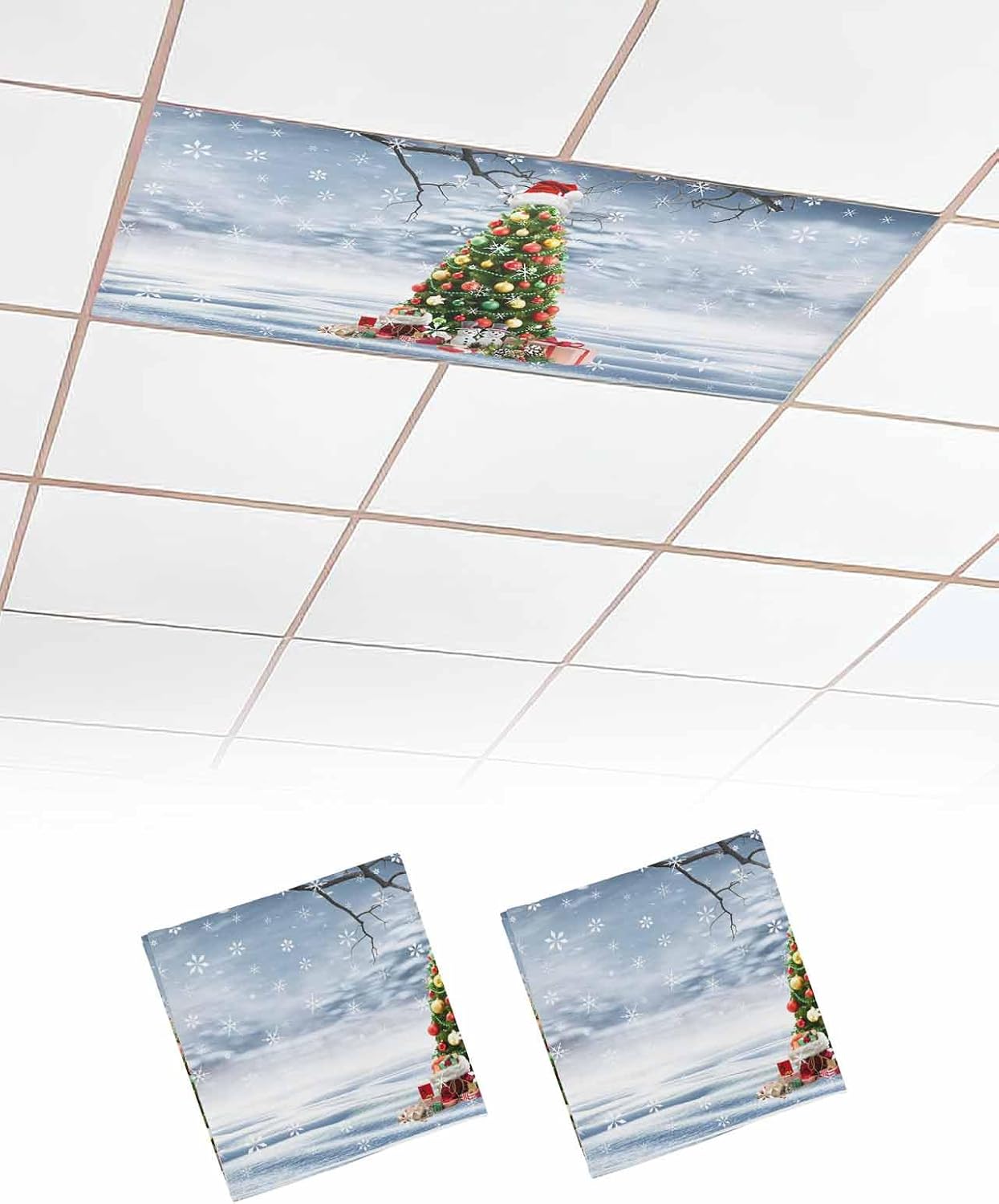 2 Pack Fluorescent Light Cover for Classroom Ceiling, Christmas Tree Xmas Ball Magnetic Filters, Snowflake Covers for Office Holiday Drop Lamp Decor 4x2 ft