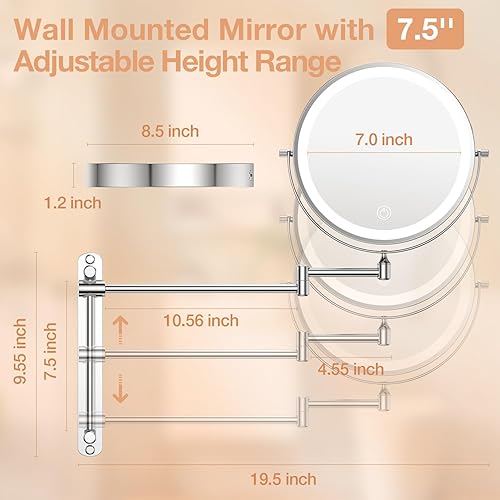 Miniatura 2 de Espejo de tocador de maquillaje iluminado de altura ajustable de altura recargable  8.5 pulgadas de doble cara 1X10X espejo de baño LED con aumento