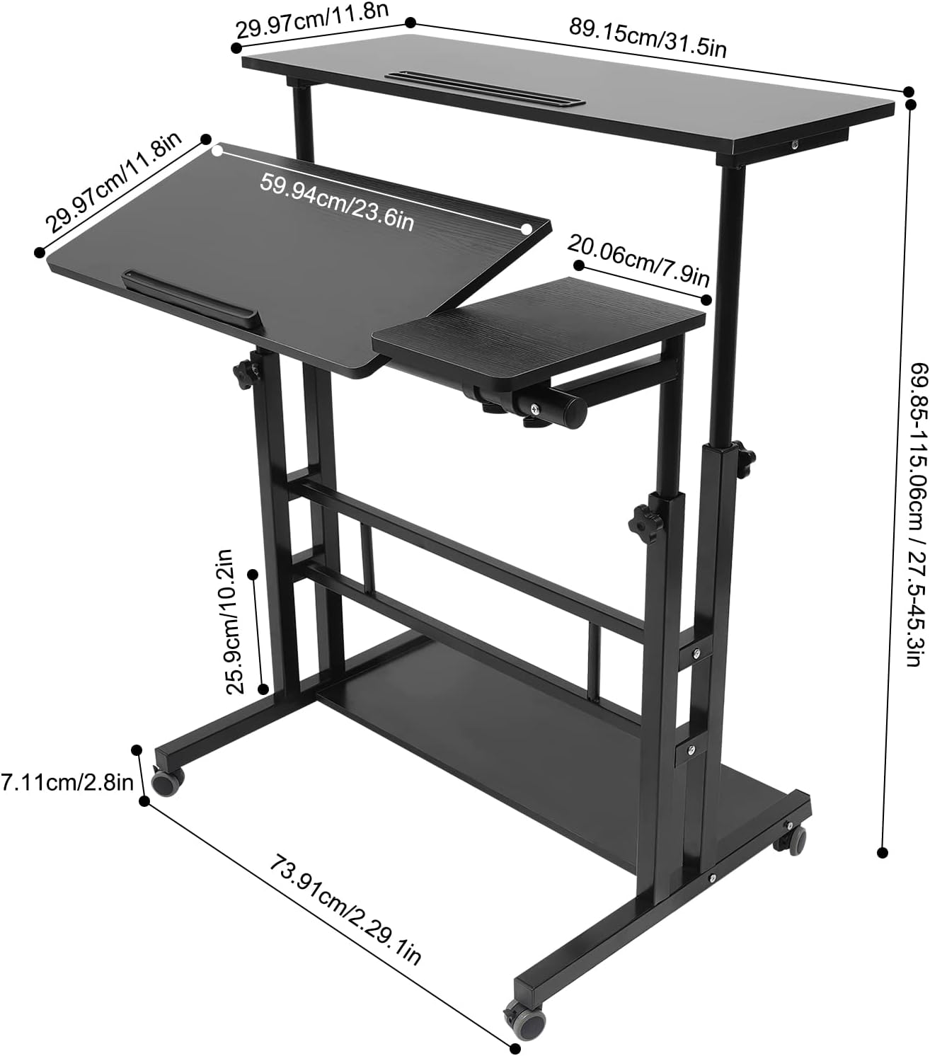 31.5'' Black Mobile Stand Up Desk, Adjustable Height Rolling Desk, Adjustable Laptop Desk, Mobile Standing Desk, Portable Rolling Laptop Cart, Mobile Computer Cart W/ Wheels for Offices, Home, Medical
