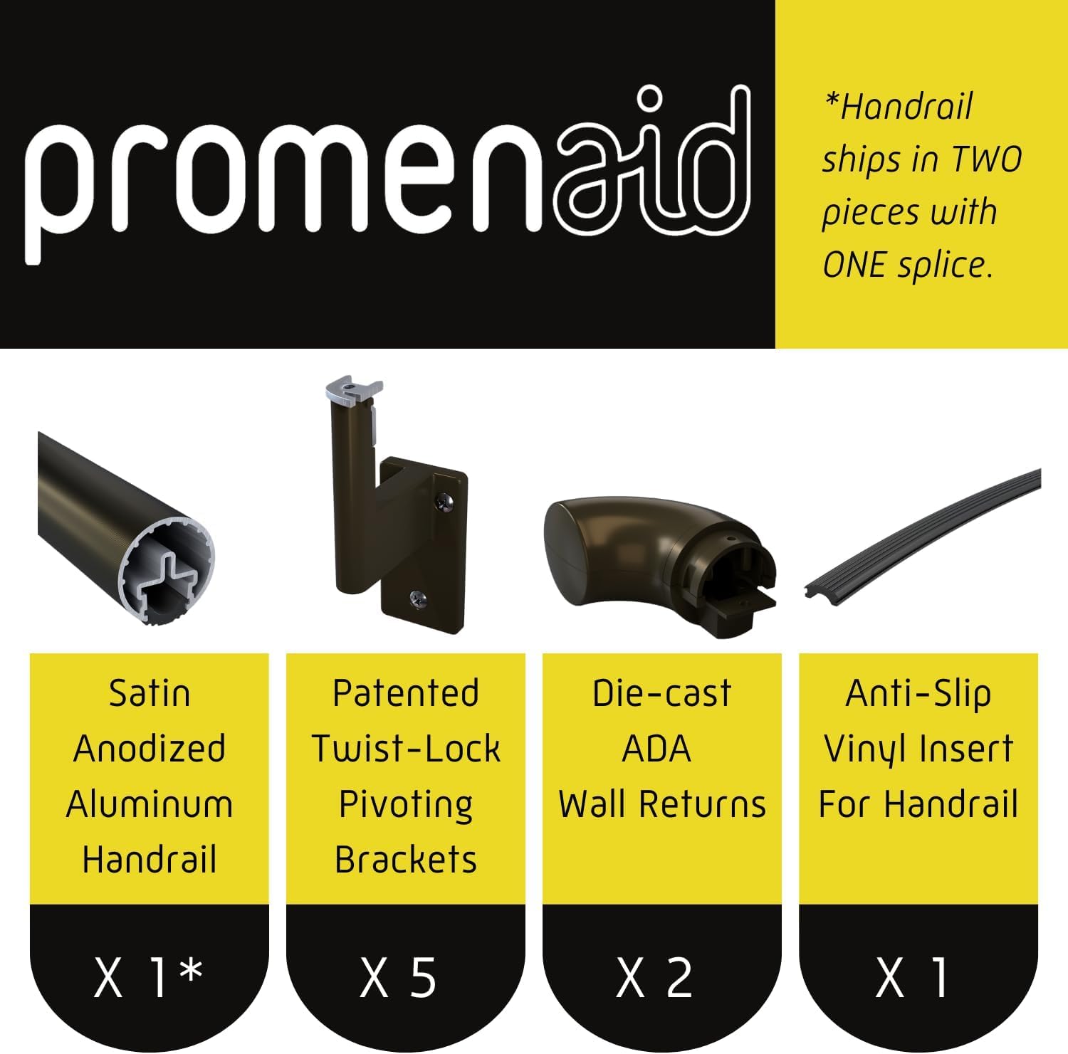 PromenAid Promenaid 6ft Handrail Kit β Architectural Bronze, Made in Canada β Indoor/Outdoor Aluminum Stair Railing, 1.6'' Round β Includes 4 Pivoting Wall Brackets & ADA Endcaps β Modern Safety Handrail in use