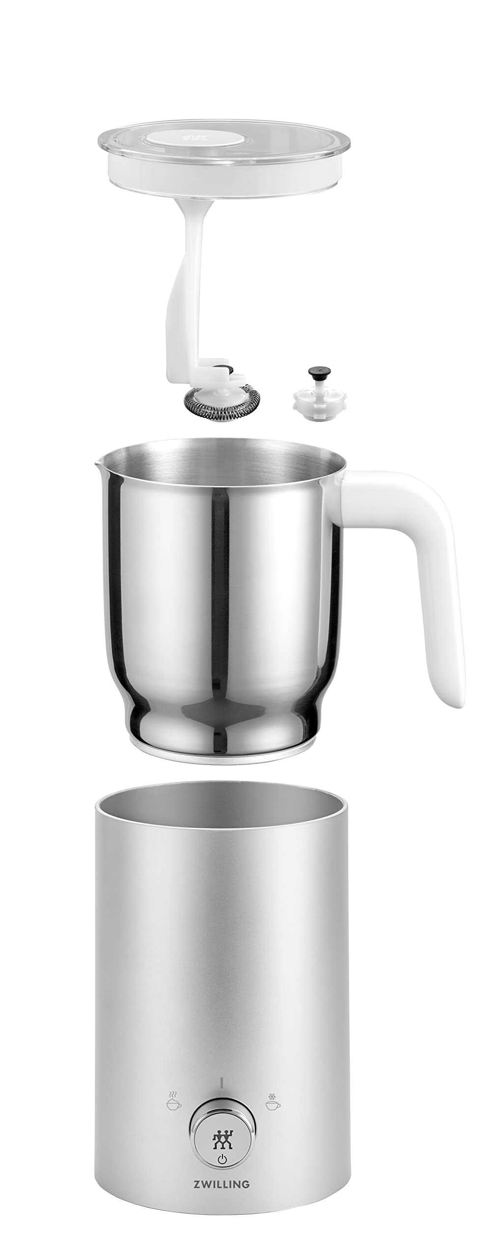 ZWILLING ENFINIGY Milchaufschäumer, Elektrischer Milchschäumer für heiße und kalte Milch sowie pflanzliche Milchalternativen, 400 ml, Edelsthal, Kunststoff, Silber