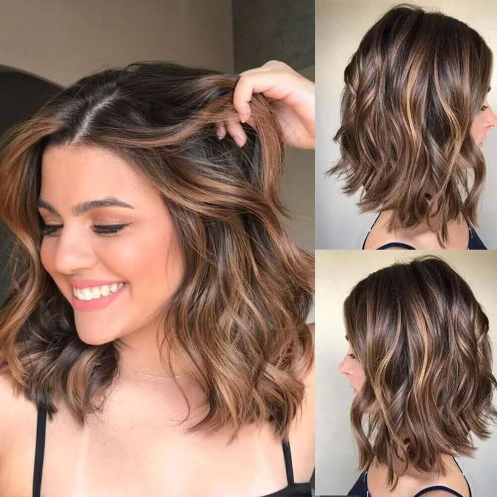 Ombre Brown Short Bob Wig Highlights Wavy Mixed Blonde Human Hair 13x6 HD Transparent Invisible Lace Front Wigs Pre Cut Pre Bleached Loose Wave Bob Brazilian Hair 150% Density 12inch