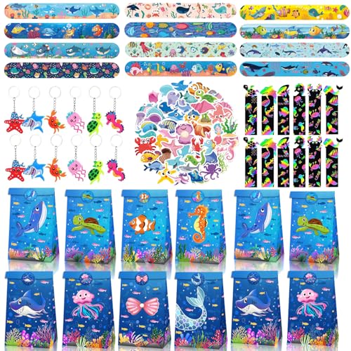 Animais marinhos para festas, 98 unidades, presente de aniversário infantil, com chaveiro, sacos de presente, marca-páginas, pulseiras, autocolantes, sacos de presente para meninos, festas e meninas