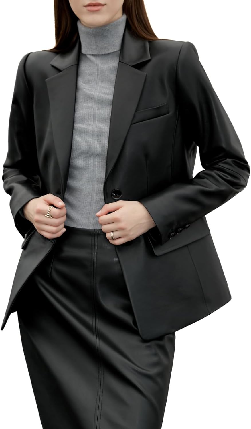 SILVER FASHIONS Lambskin Leather Jacket Women,Long Sleeve Button Front Leather Blazer,Notched Lapel Casual Style,Vent Detail - Image 5