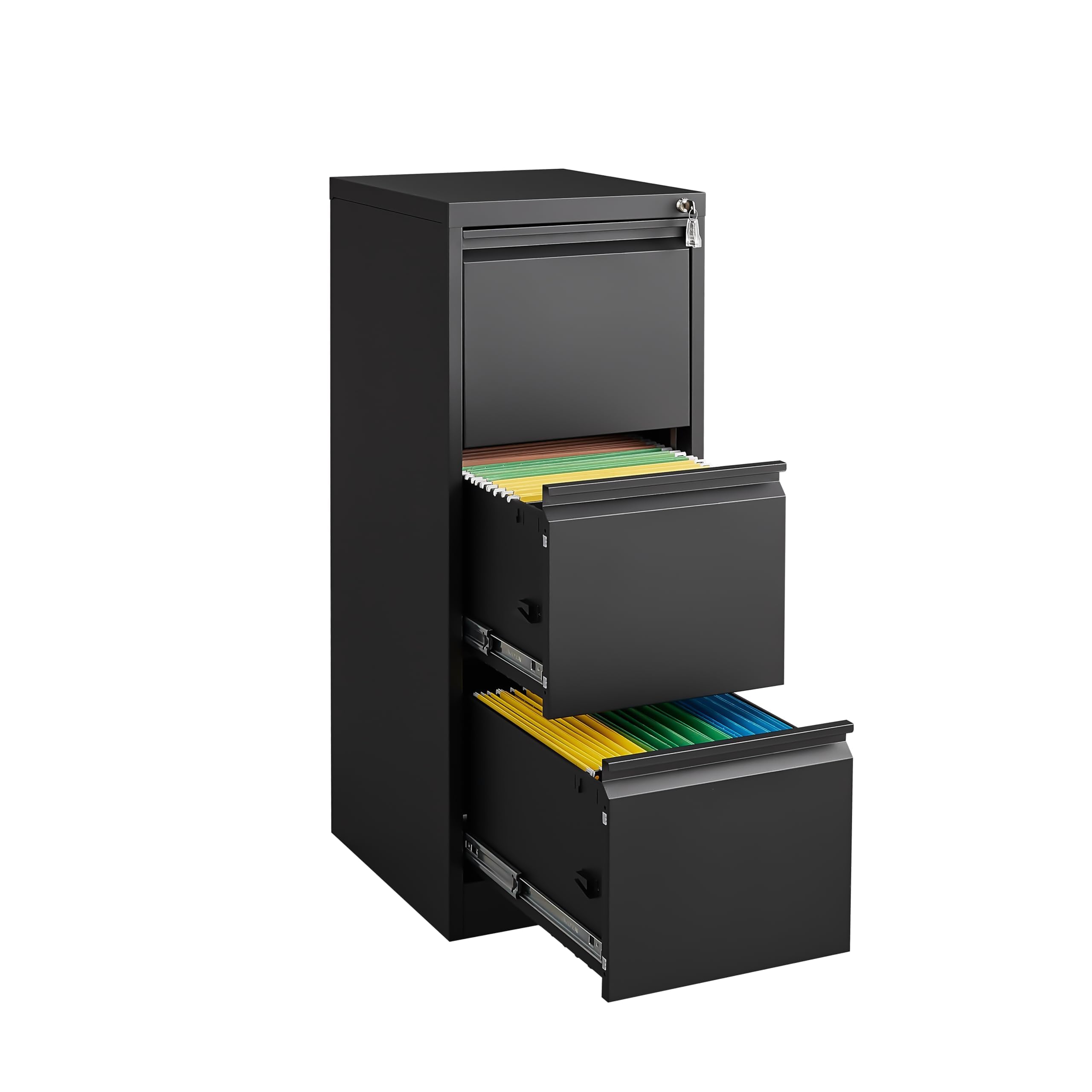 GarveeMore 3 Drawers Filing Cabinets, Vertical File Cabinet with Lock, Metal Lockable Printer Stand for Letter/Legal/A4 Size, Utility Storage Cupboard Locker for Home Office 37.5 x 30 x 103 cm
