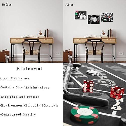 Miniatura 6 de Biuteawal 3 paneles de arte de pared blanco y negro con fichas, pintura sobre lienzo, póster de casino, impresión de obras de arte, pub, club, bar,
