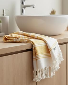 DEMMEX Organic Cotton Turkish Hand Towels for Bathroom & Kitchen 100% Oeko-TEX Certified Turkish Cotton, Quick Dry Lightweight Hand Towels, Diamond Weave, Large 18x36 Inches, Set of 2, Mustard