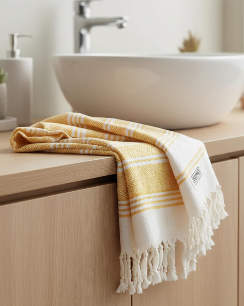 DEMMEX, Juego de 2 toallas de mano turcas orgánicas para baño, 100 % algodón turco certificado Oeko-TEX, de secado rápido, ligeras, de cocina y viaje, tejido de diamante, grande, 46 x 92 cm, Mostaza