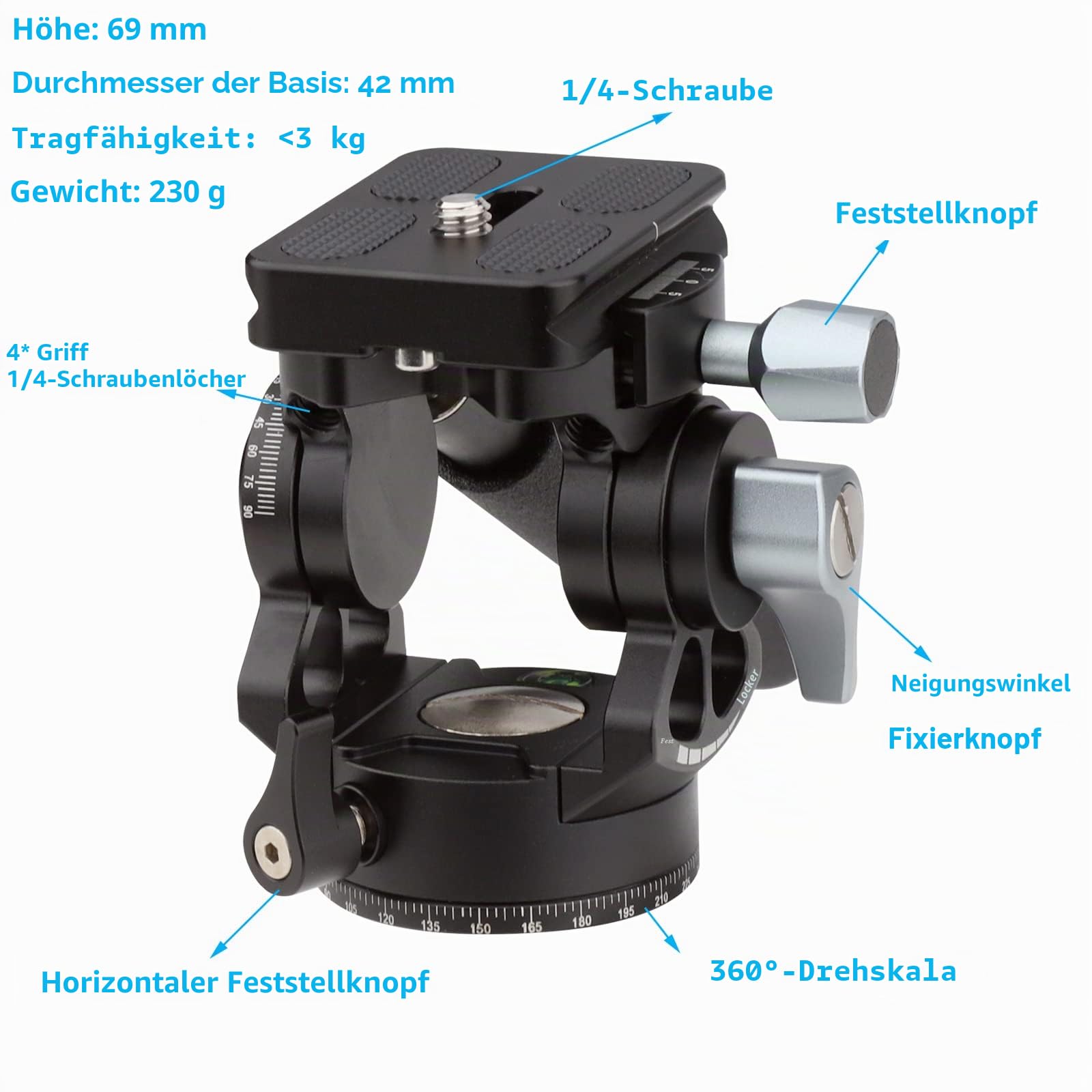 LEFTFOTO Panorama-Stativ, Flüssigkeitskopf, Stativ, Flüssigkeitskopf, kleine Schwenk-Kamerahalterung mit Arca Swiss Schnellwechselplatte und Griff für kompakte Videokameras und DSLR-Kameras