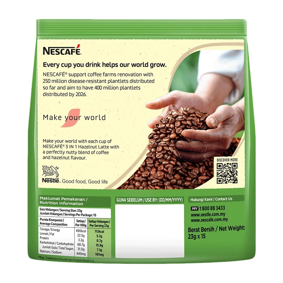 Image of NESCAFE 3-in-1 Hazelnut Latte Instant Coffee Premix, 15 Sachets Pack, Rich Creamy Blend with Roasted Hazelnut Flavor 345g (Product Of Malaysia) DECADENT FOODS