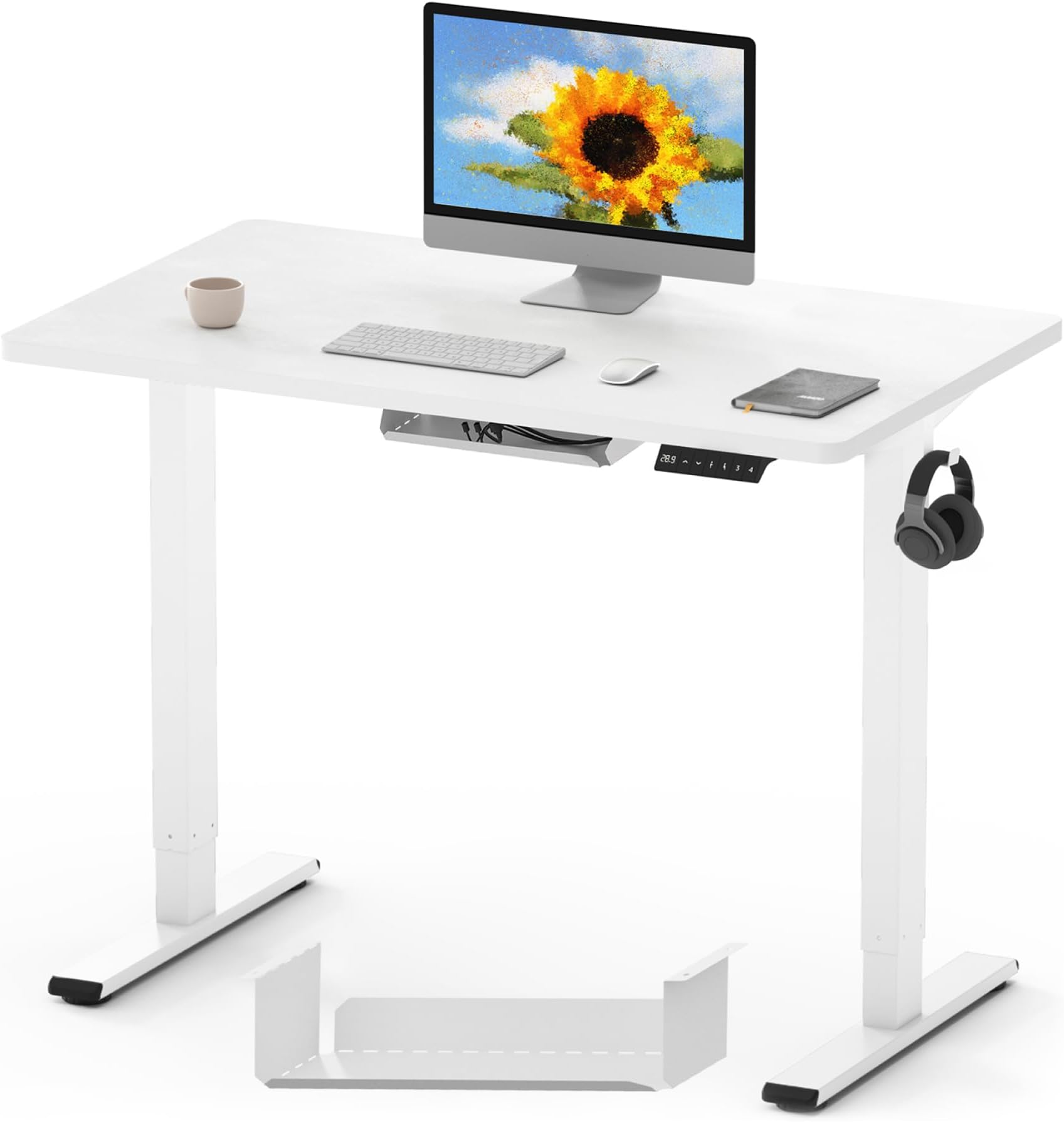 ONE PIECE Electric Standing Desk Height Adjustable Desk Sit Stand Desk with 4 Memory Smart Pannel and Backpack Hook for Home Office, 100 x 60cm White