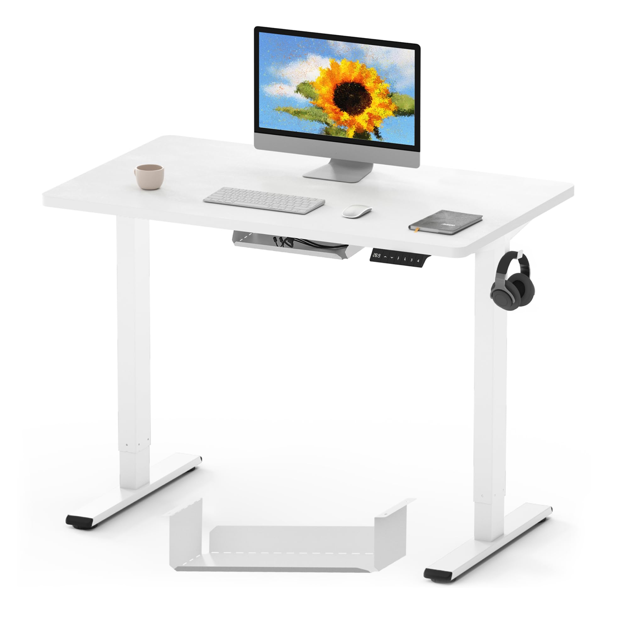 ONE PIECE Electric Standing Desk Height Adjustable Desk Sit Stand Desk with 4 Memory Smart Pannel and Backpack Hook for Home Office, 100 x 60cm White