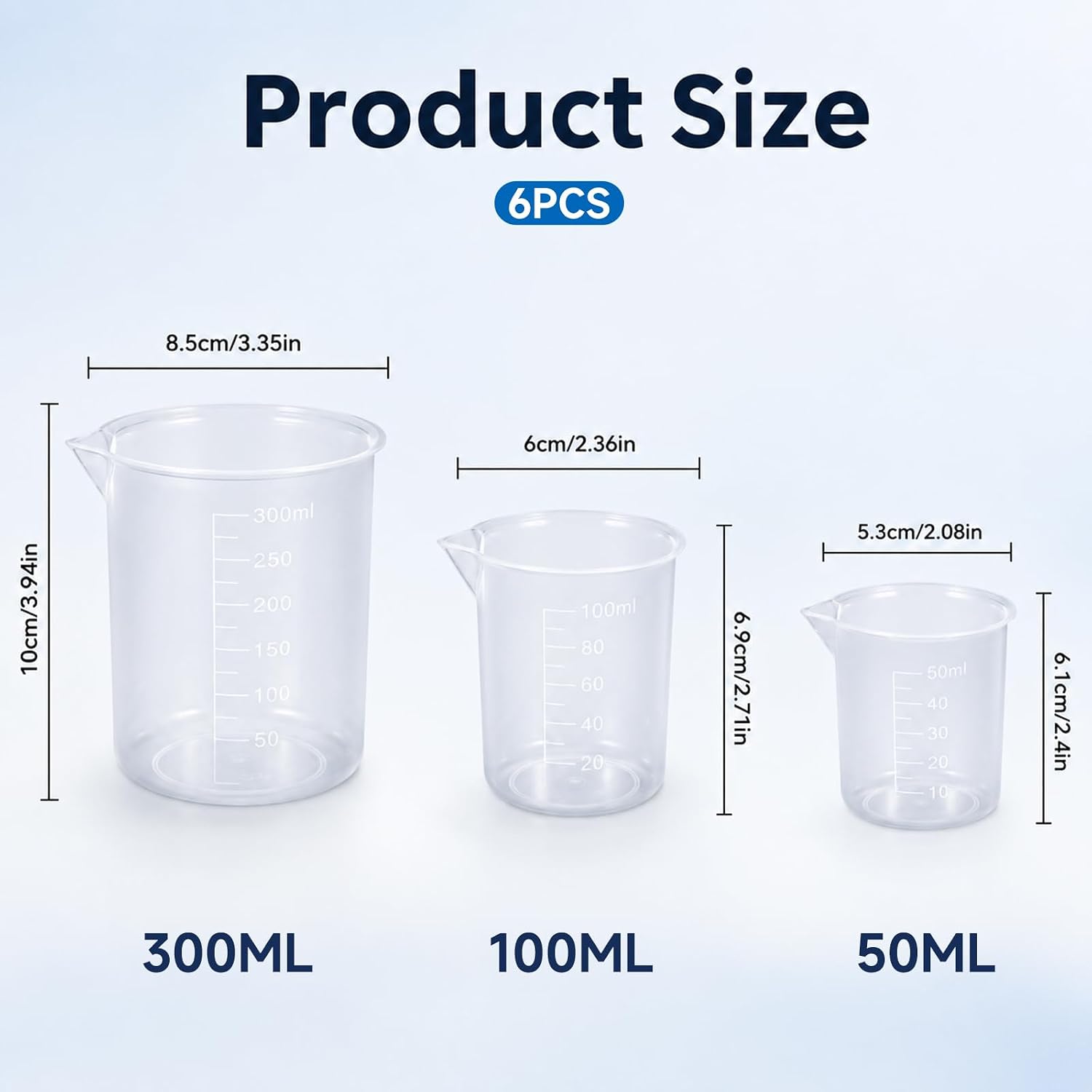6 Pcs Plastic Beaker Set, 3 Sizes Low Form Measuring Graduated Polypropylene Beakers - 50ml, 100ml, 250ml for Science Lab Classrooms Home with 6 Plastic Droppers in 3 ml
