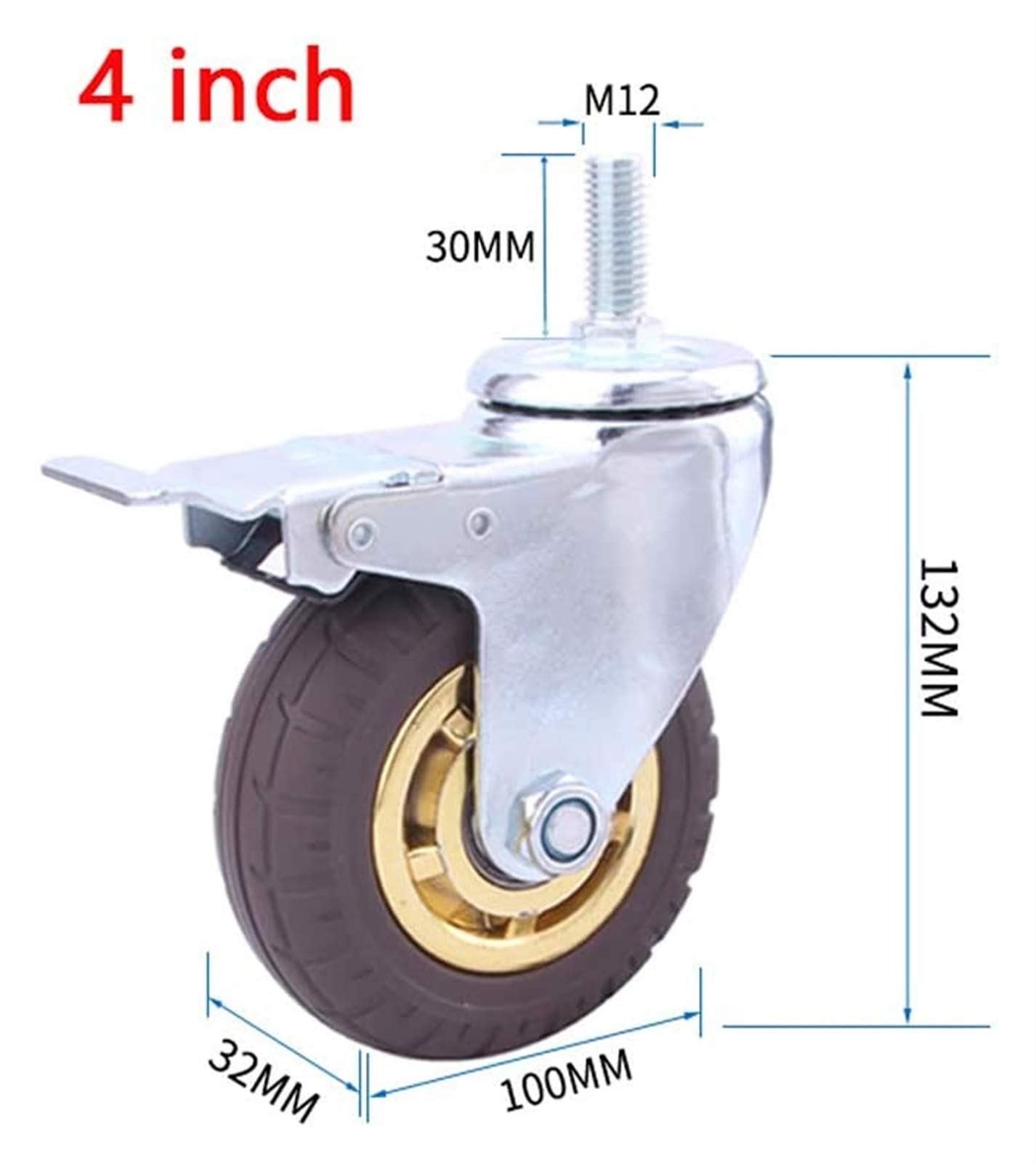 4 Pcs M12 Heavy Duty Roulettes Pneumatiques en Caoutchouc Silencieux Pivotant pour Meubles et Transport Industriel - Tige pour Chariot
