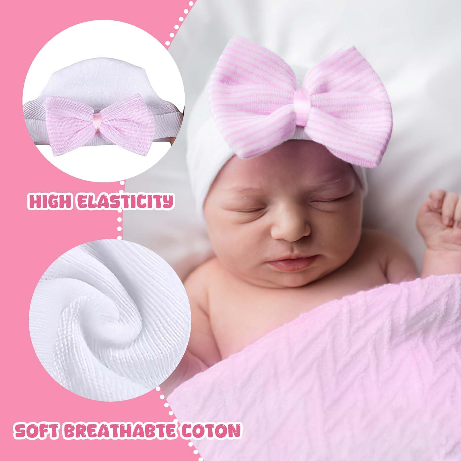 CoolShef 3Pcs New Born Baby Cap Set – Soft Cotton Beanie Cap with Big Bow – Baby Caps for Born 0-12 Months for Girls – Comfortable, Stretchy and Adorable Infant Hats Multicolour 2