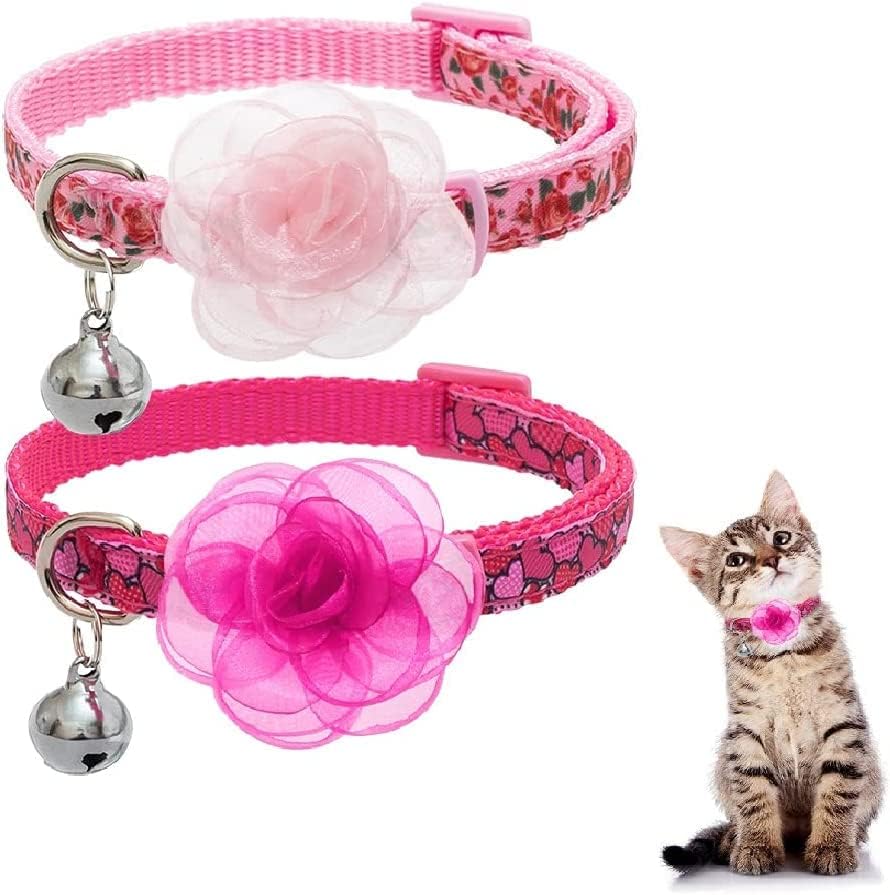 Spring Cat Breakaway Collar with Removable Flower and Bell - 2 Pack Safety Kitten Collars, Cute Pink Heart Rose Design