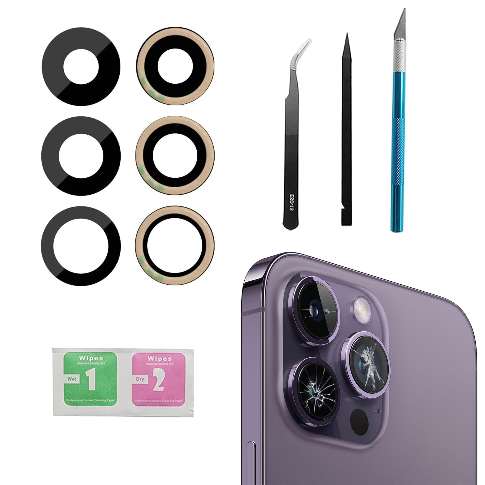 3pcs/Set 14 Pro Rear Back Camera Glass Lens Replacement for iPhone 14 Pro Camera Glass Lens Covers Replacement with Adhesive Preinstalled + Replacement Repair Tool kit Set